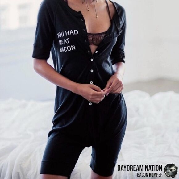 DAYDREAM NATION BACON ROMPER UNION SUIT IN BLACK COTTON/MODAL UNISEX SIZE SMALL - Picture 8 of 16